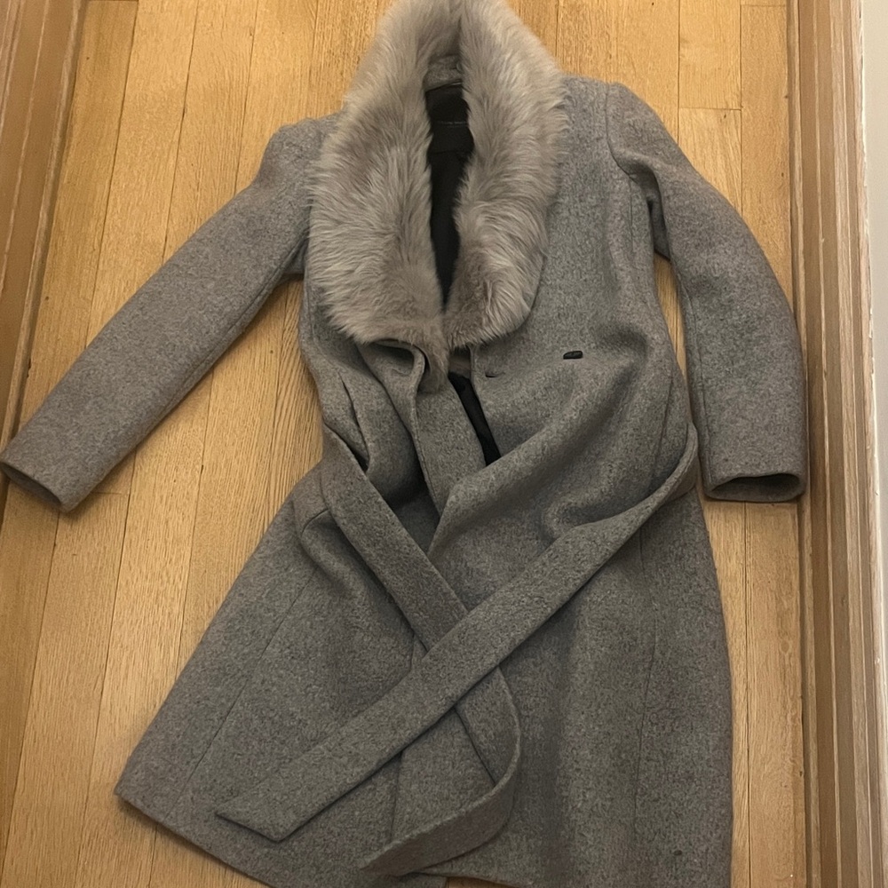 Club Monaco Gray Trench Coat with Fur Collar